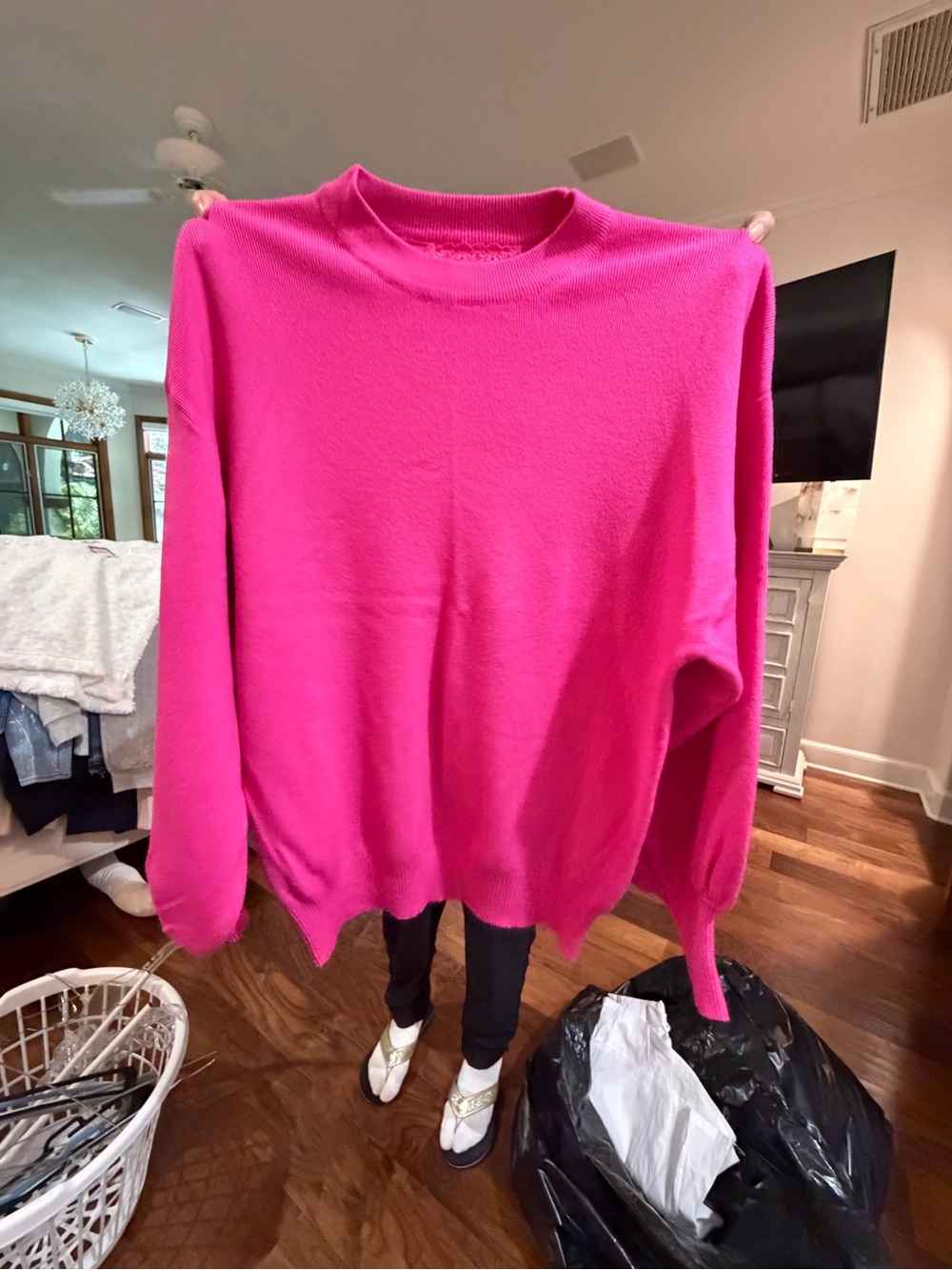 Women's Bright Pink Crewneck Sweater - Classic Long Sleeve